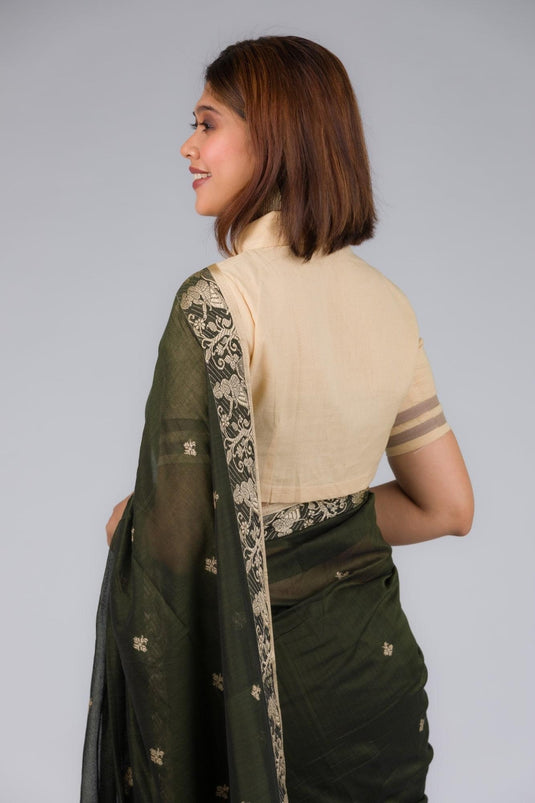 A beautiful back view of lady in Baluchari Pure Cotton Saree in Algae Green, womens workwear