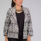 A Women in Grey Woven Ikkat Blazer In Pure Cotton, womens workwear standing against a grey background