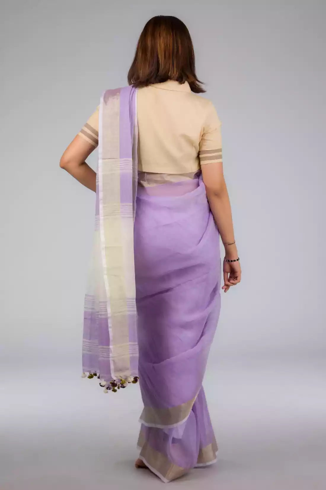 zoomed out version of view from back of Lilac Blush Linen Saree, formal office wear for women
