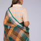 A beautiful back view of lady in Earthy Brown & Peacock Green Checkered Linen Saree, womens workwear 