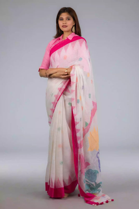 A Women in Fuchsia Pink & Dovetail White Jamdani Work Saree, womens workwear standing against a grey background