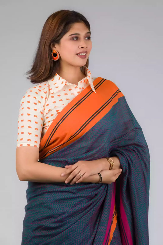 This is image of formal office wear saree which is in Grey - Orange &pink border with black jamdani pallu In Pure Cotton Saree