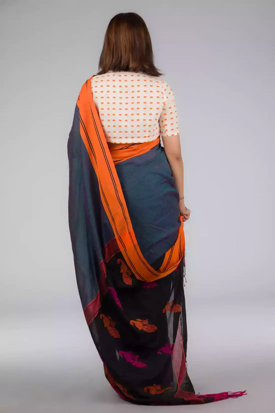 This is view from back of the Grey - Orange &pink border with black jamdani pallu In Pure Cotton Saree formal office wear for women