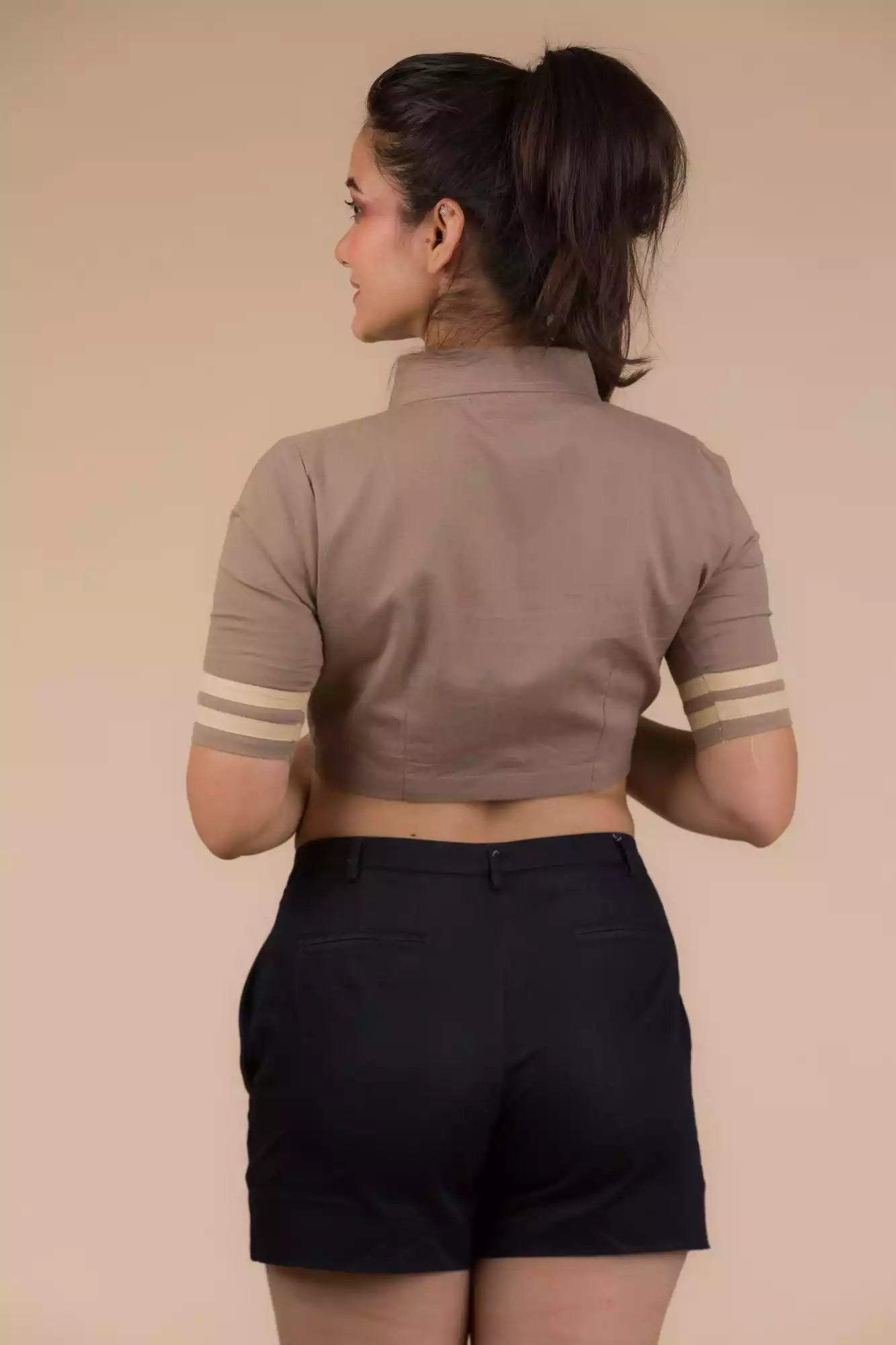 The view from back of Beauty in Beige Cotton Tie Blouse in Light Brown (Removable Tie), formal office wear for women