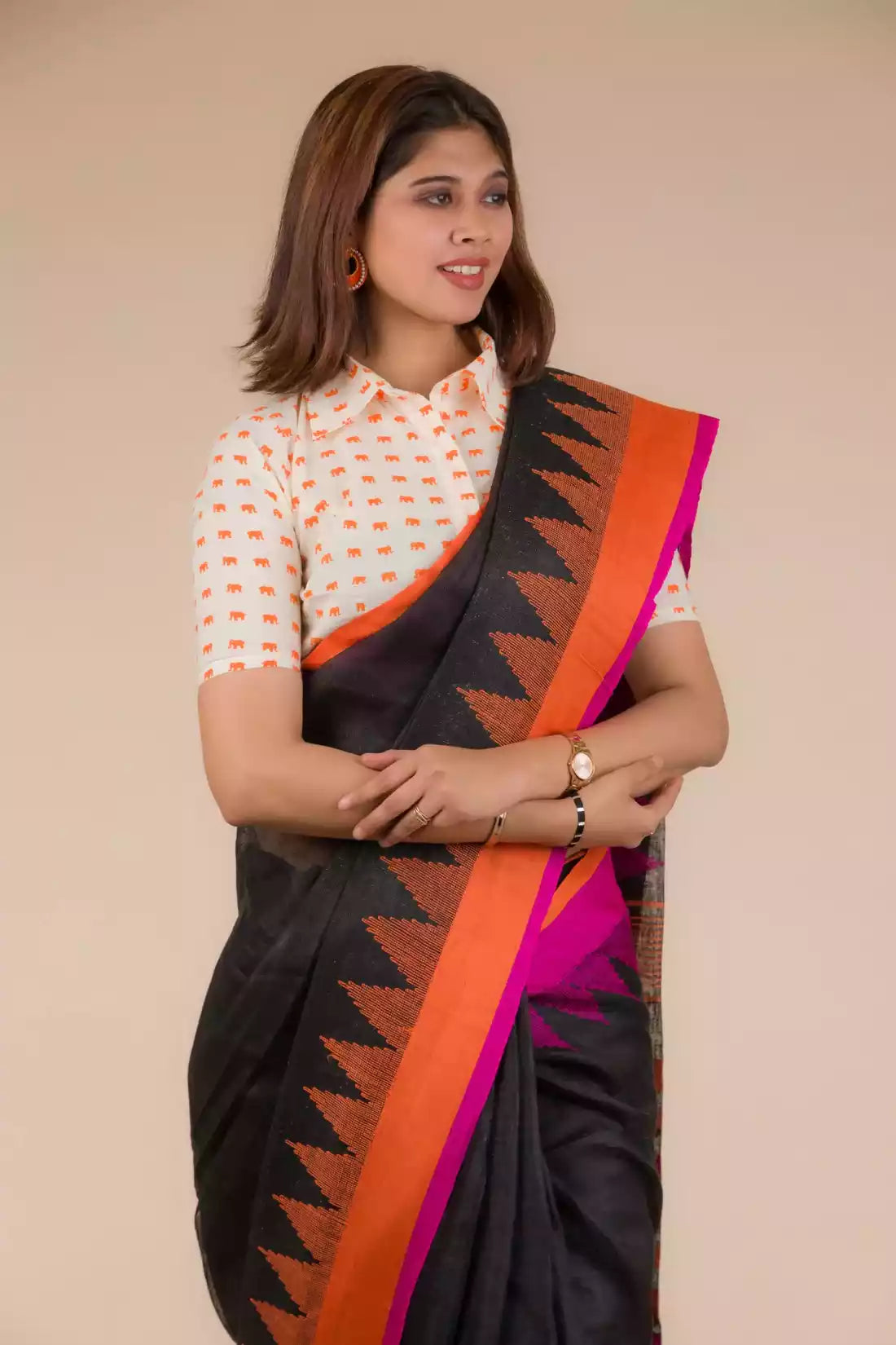 This is image of formal office wear saree which is in Black with Orange and pink border Jamdani hand weaving Saree