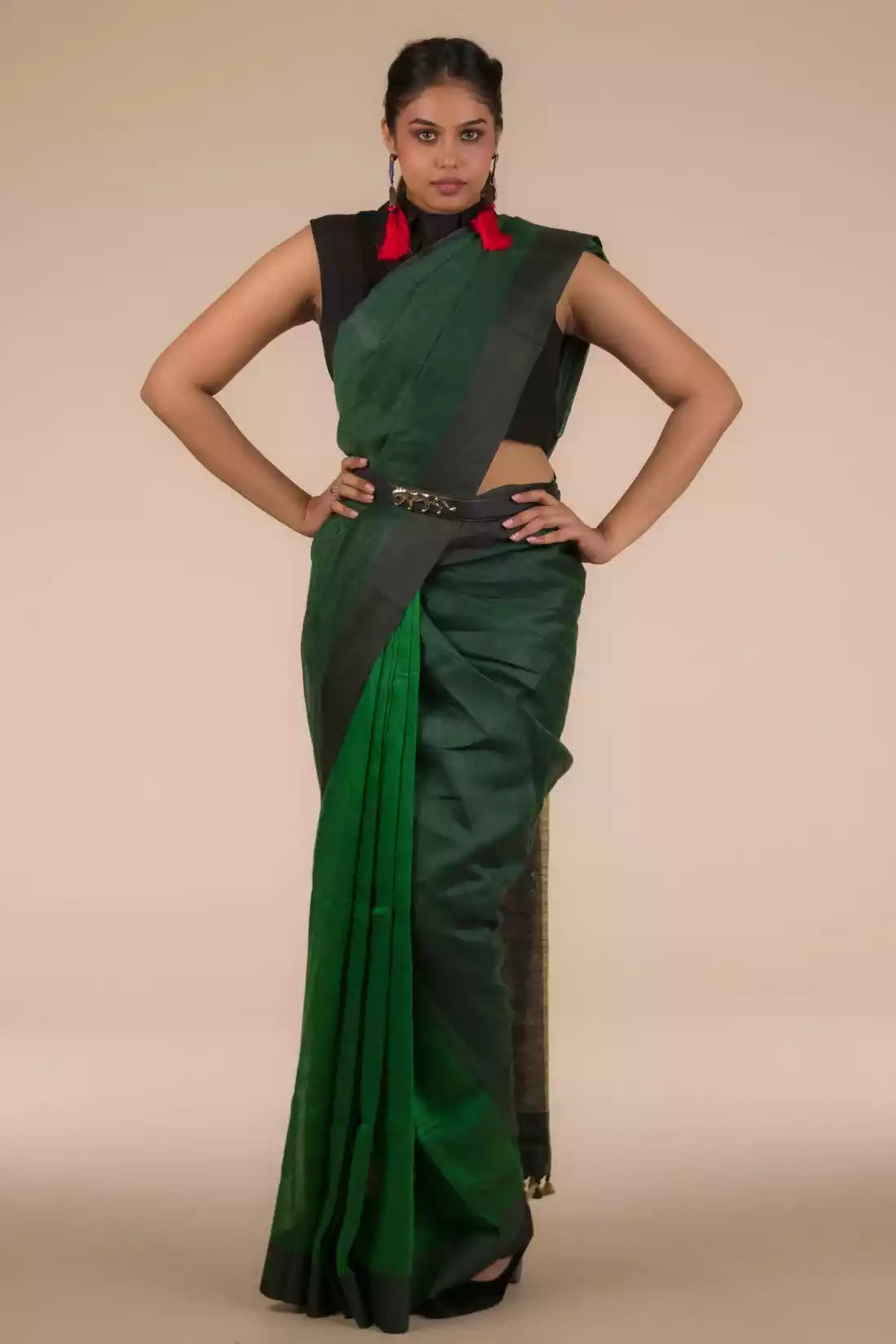 A gorgeous women in Pure Linen Saree in Dual Shades of Green, a office wear for women 