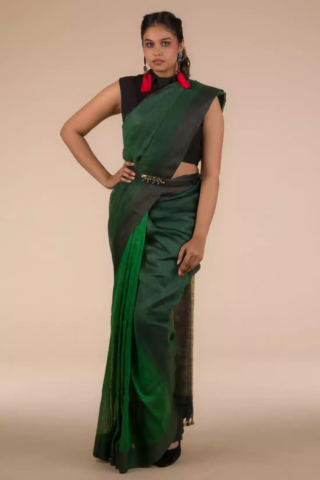 An aesthetic image of lady in Pure Linen Saree in Dual Shades of Green, womens workwear 