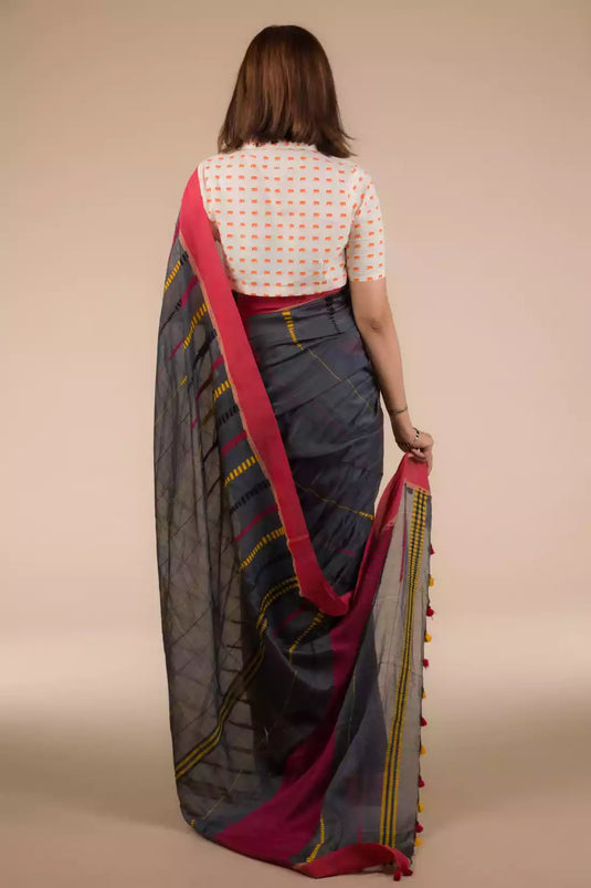 This is view from back of the Grey and Pink border Pure Cotton Saree formal office wear for women