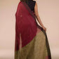A beautiful back view of lady in Earthy Brown Pure Linen Saree with Maroon Pleats and Anchal, womens workwear