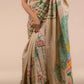 A gorgeous women in Hand-painted Patachitra Lotus & Peacock design Pure Tussar Saree in Beige, a office wear for women 