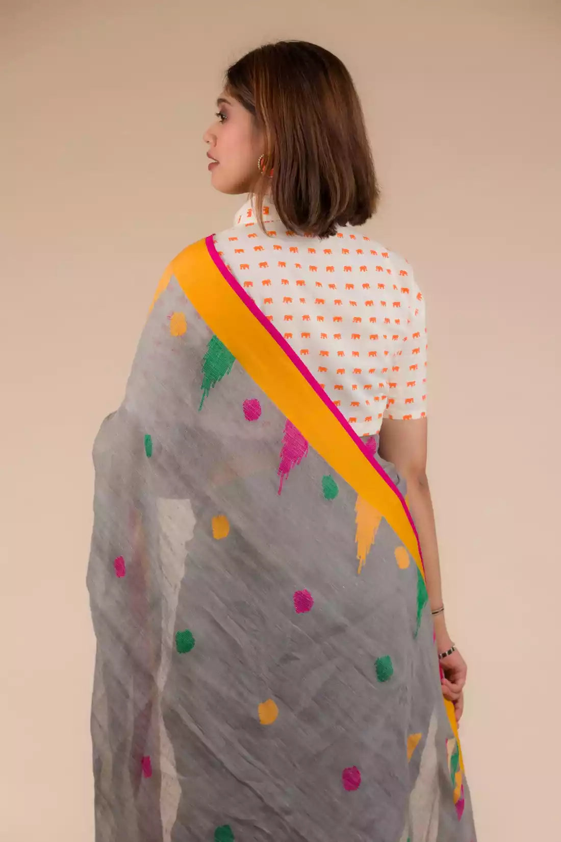 This is view from back of the Grey and Pink border Pure Cotton Saree formal office wear for women