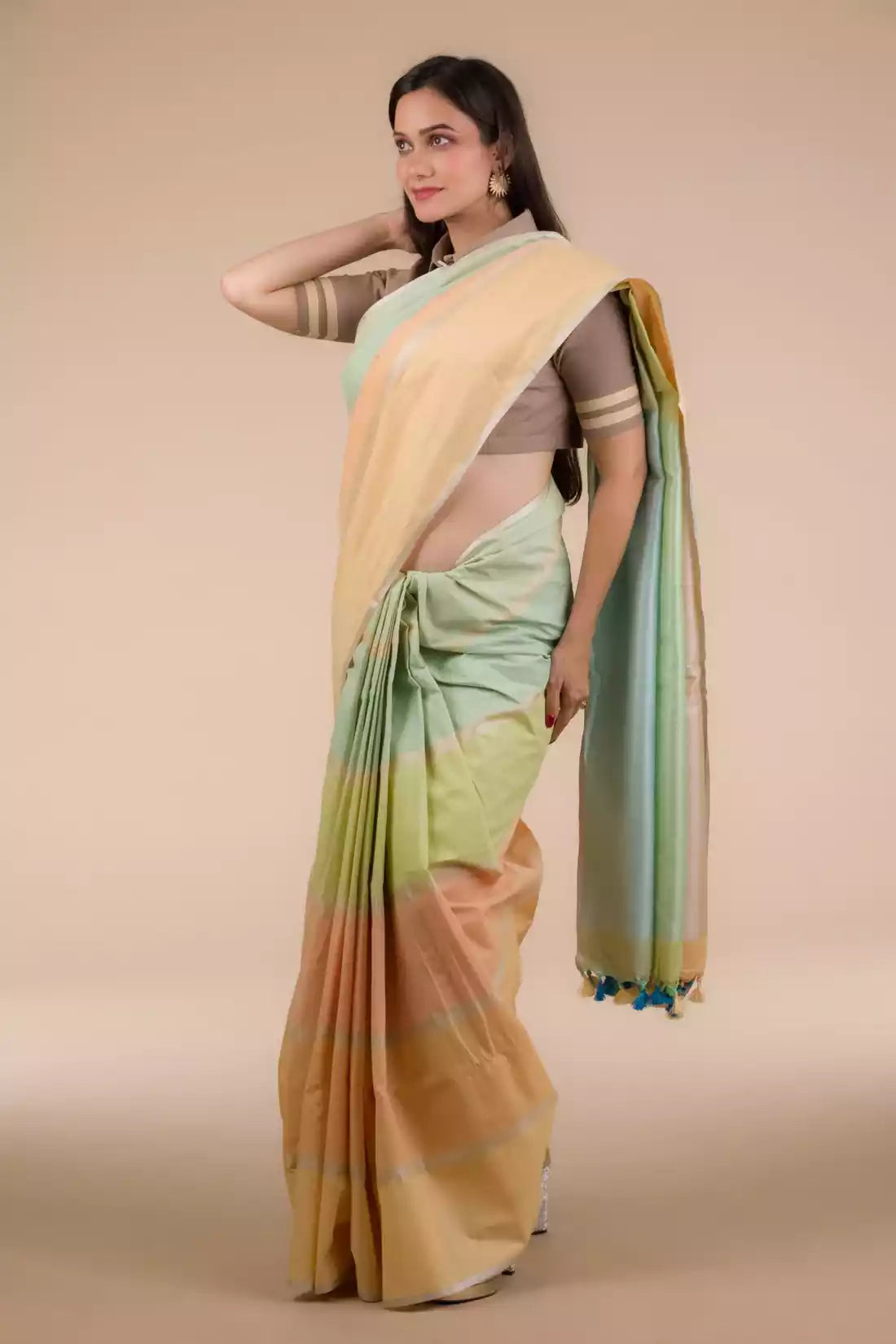 a woman looking sideways wearing formal workwear Casual Horizontal stripes Multicolor Cotton Saree