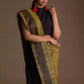A gorgeous women in Black Pure Linen Saree with Tints of Mustard, a office wear for women 