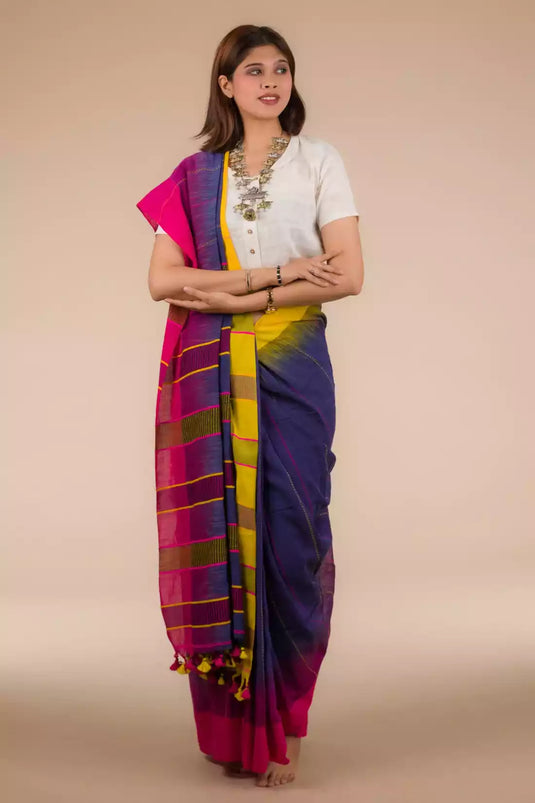 a woman looking sideways wearing formal workwear Blue and Pink & Yellow Pallu & Designs In Pure Cotton Saree