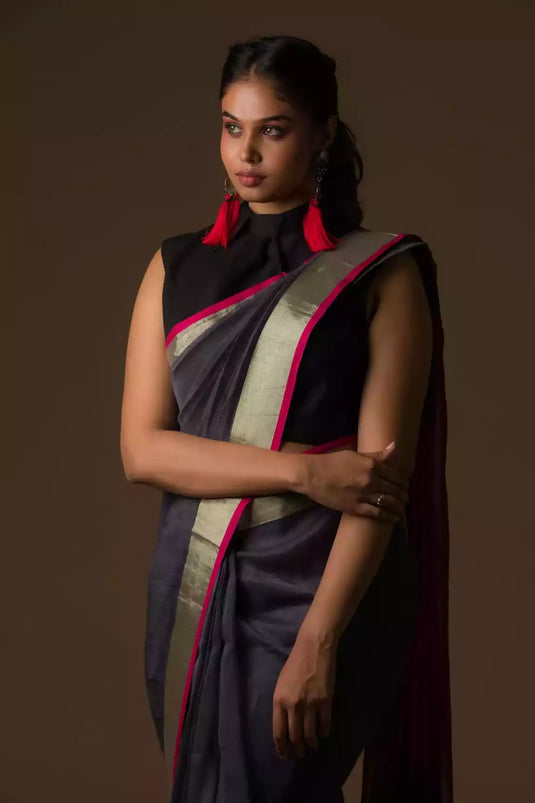 A gorgeous picture of lady in Refined Dusk Linen Saree in Steel-Grey, womens workwear  