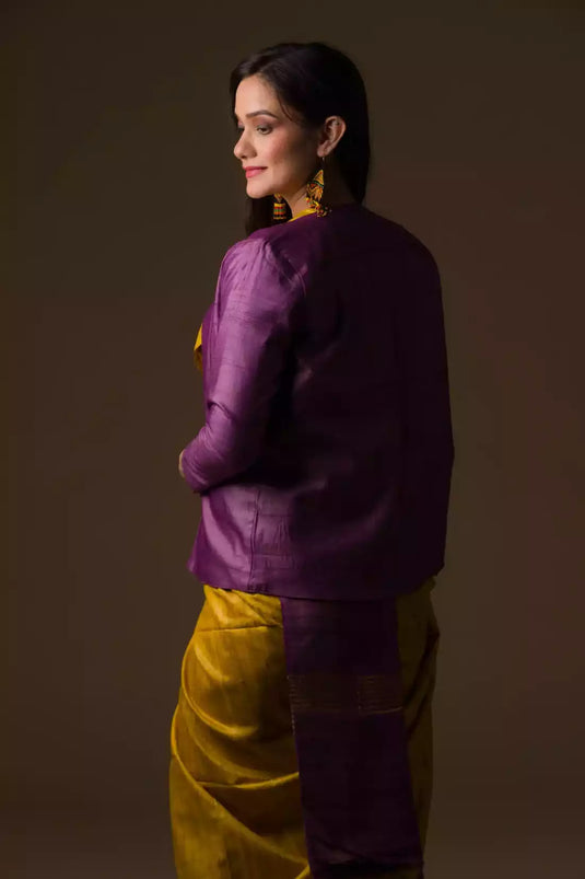 This is view from back of the Mustard with purple border Plain In Pure Tussar with Ghicha Border Saree, formal office wear for women