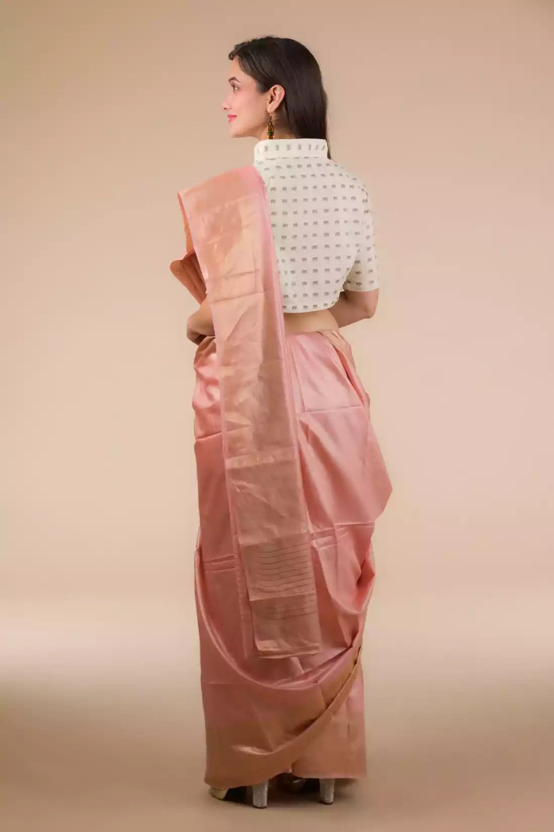 This is view from back of the Dusty Rose Plain In Tussar Munga Saree, formal office wear for women