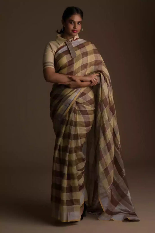 front view of a woman in ethnic posing wearing brown & beige checks saree with tie top blouse