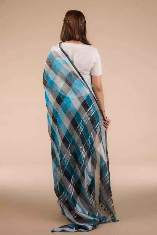 This is view from back of the Blue Black checks In Pure Linen Saree formal office wear for women 