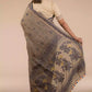 A beautiful back view of lady in Dark Beige & Black Woven Linen Cotton Saree, womens workwear 