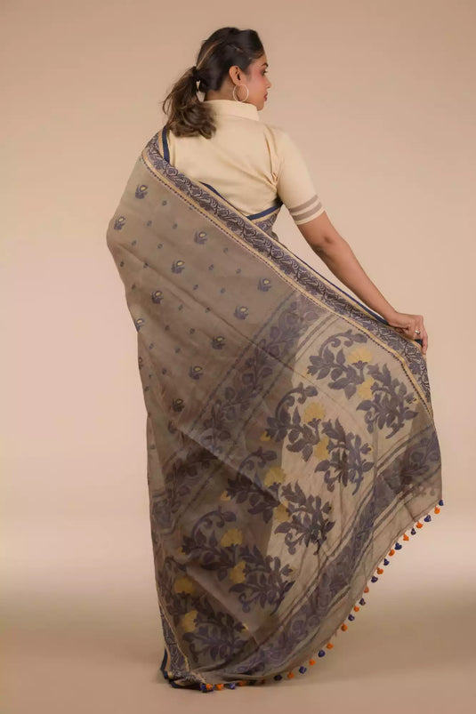 A beautiful back view of lady in Dark Beige & Black Woven Linen Cotton Saree, womens workwear 