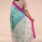 This is view from back of the Light sea green Jamdani hand weaving In Pure Linen Saree, formal office wear for women