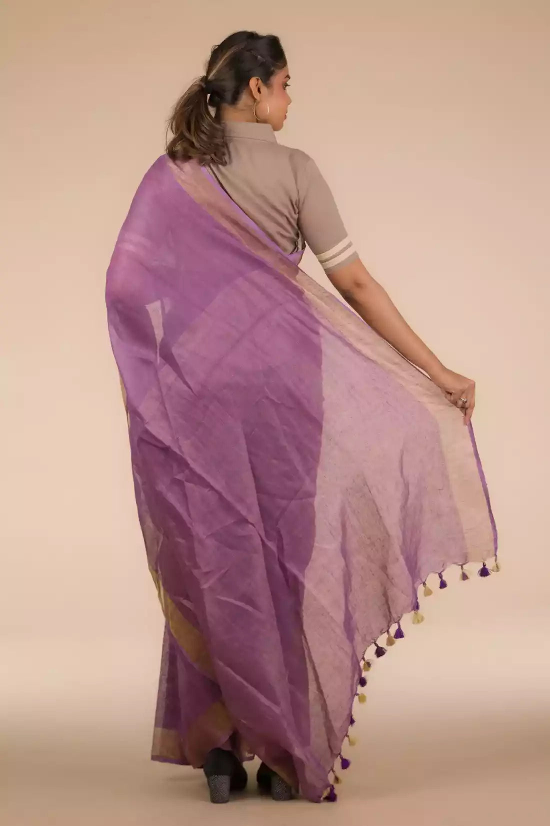 zoomed out version of view from back of Mauve Bloom Linen Saree in Dark Purple, formal office wear for women