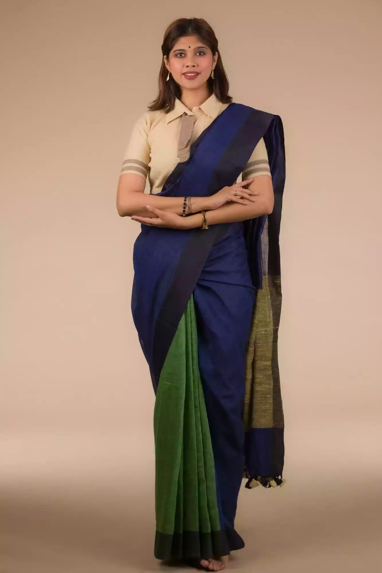a beautiful woman wearing a multicolor saree with brown blouse and gold accents on the border, and hands being folded
