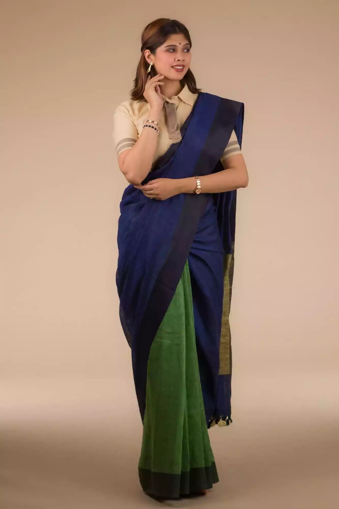 front view of a beautiful woman wearing a multicolor saree with brown blouse and gold accents on the border