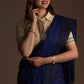 closure look of a beautiful woman wearing a multicolor saree with brown blouse and gold accents on the border
