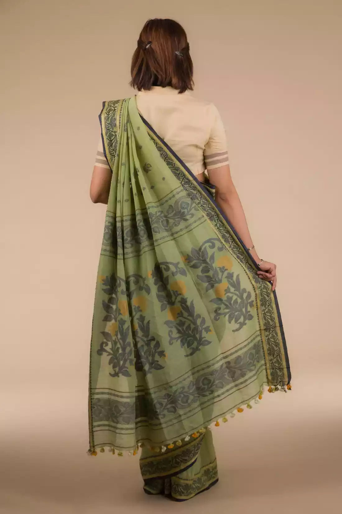 zoomed out version of view from back of Myrtle Linen Saree in Olive Green, formal office wear for women