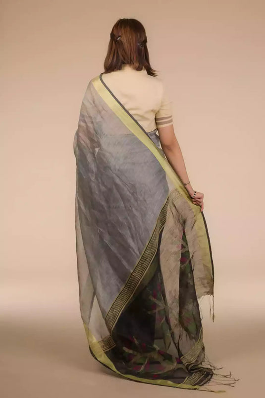 This is view from back of Grey Silk Linen Jamdani hand weaving Saree, formal office wear for women