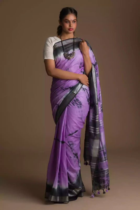 Aesthetically pleasing picture of a lady in Purple Shibori In Cotton Viscose Saree
