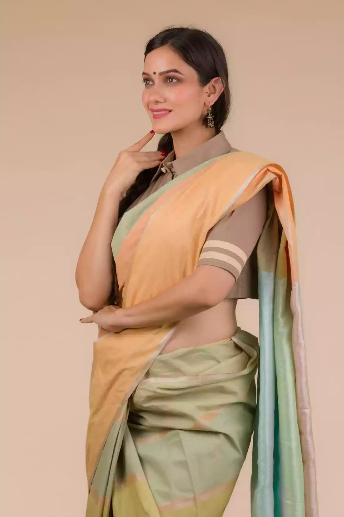 A pretty lady in Multicolor Horizontal stripes Casual in Cotton Saree, a office wear for women