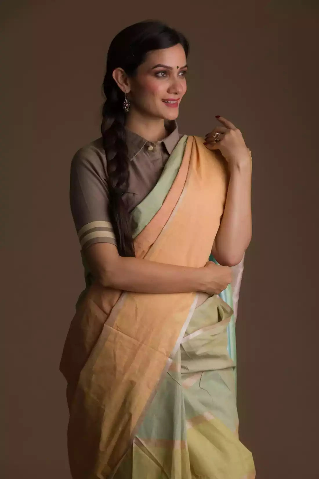 Aesthetically pleasing picture of a lady in Multicolor Horizontal stripes Casual in Cotton Saree, womens workwear 
