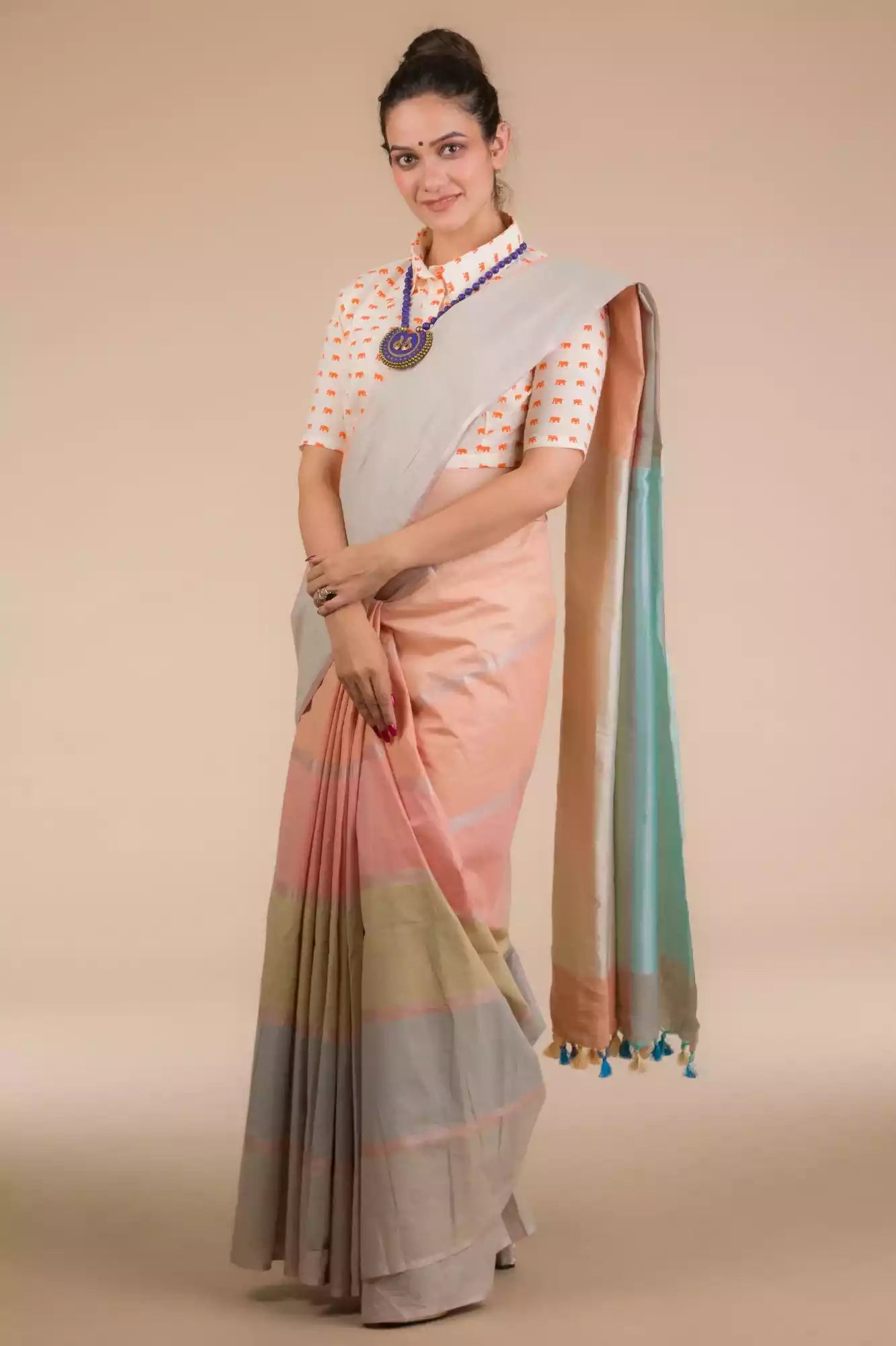 a beautiful woman with a bun wearing a multicolor pastel saree with multicolor blouse and minimum jewellery