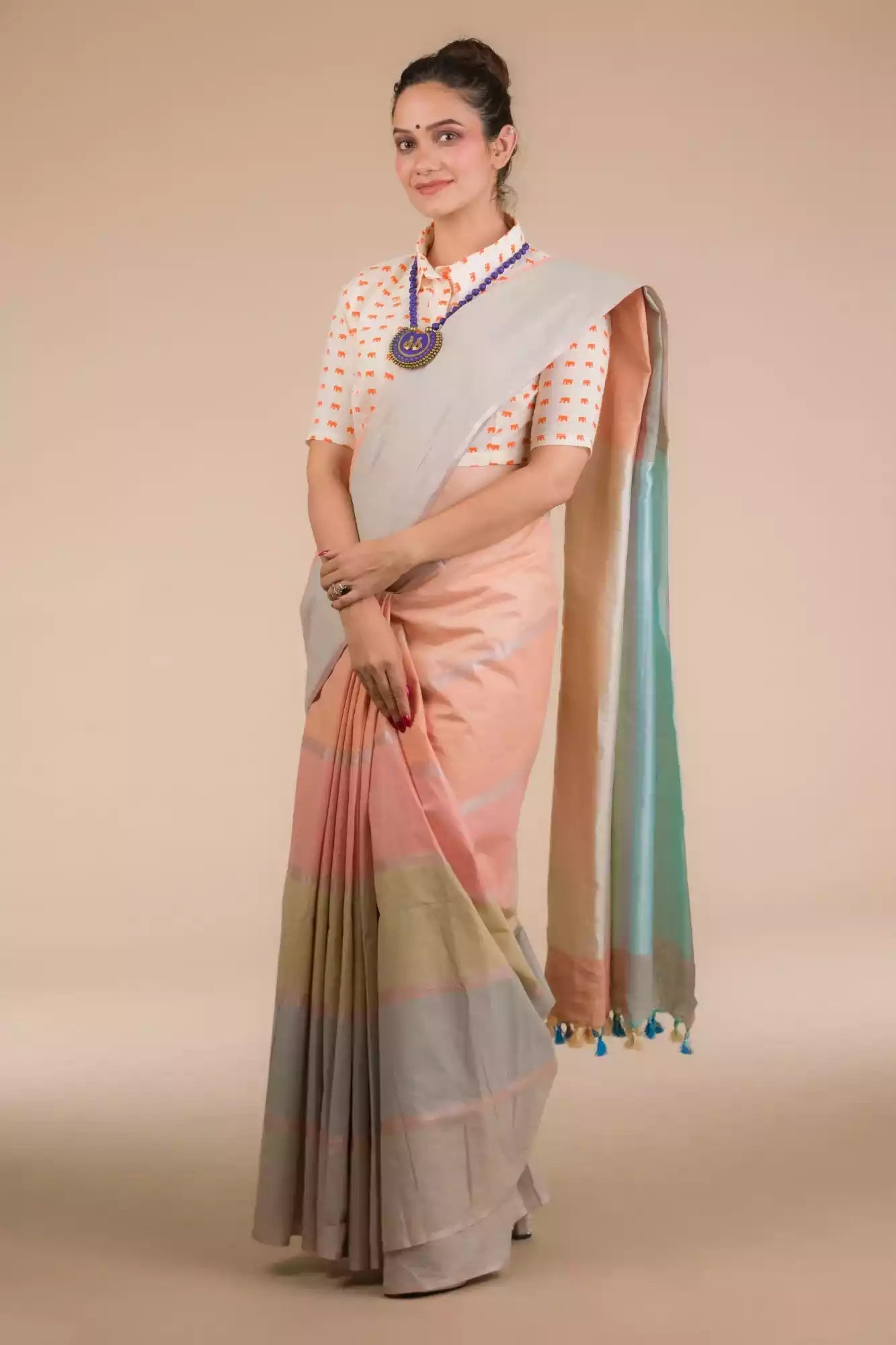 front view of a beautiful woman with a bun wearing a multicolor pastel saree with multicolor blouse and minimum jewellery